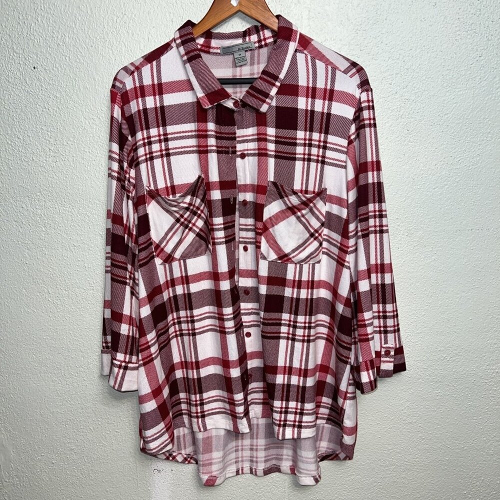 By Design Women’s 3X‎ button upTop Red, White, Burgundy Plaid Polyester soft
